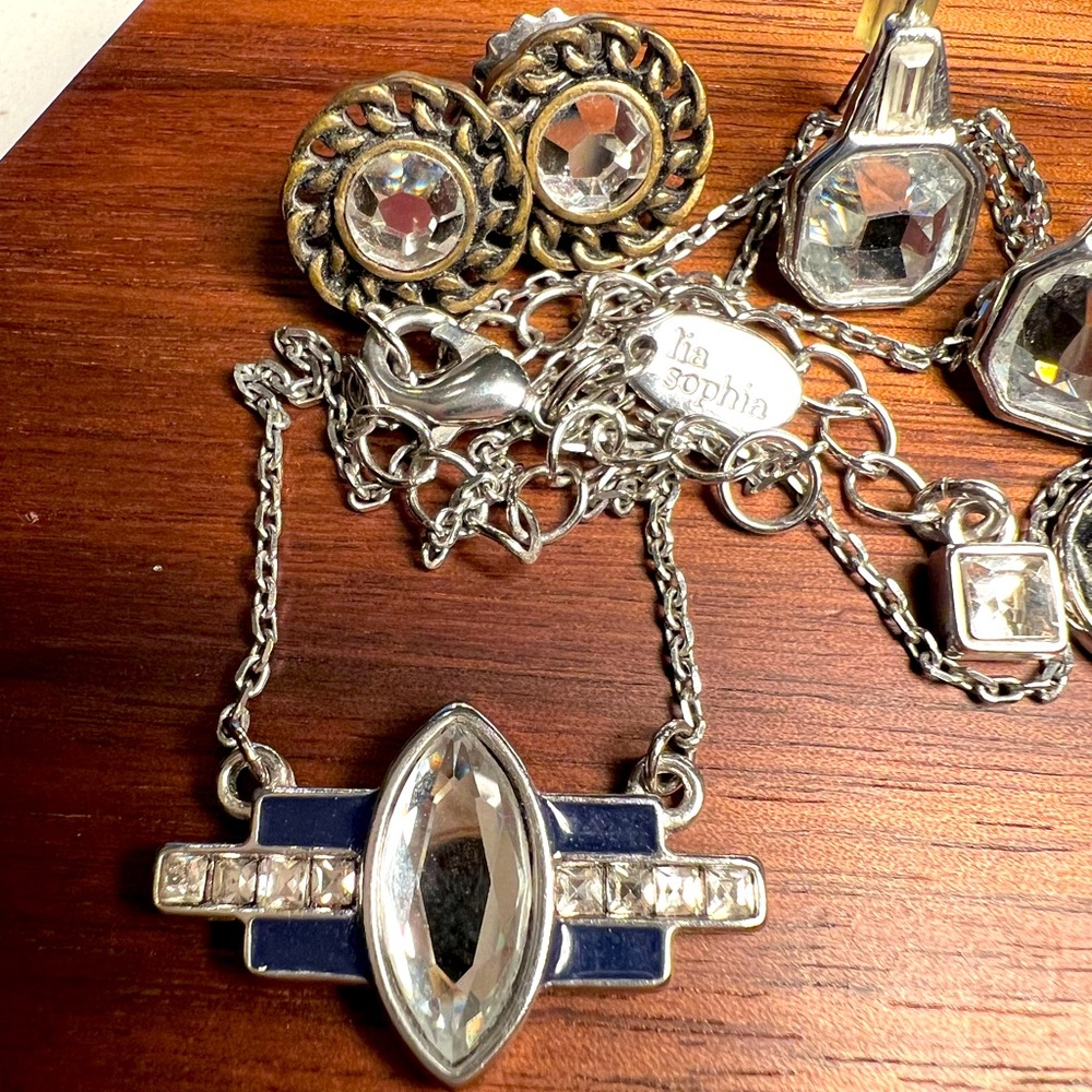 Lot of Retired Lia Sophia Jewelry First Class Necklace 3 Rhinestone Earrings